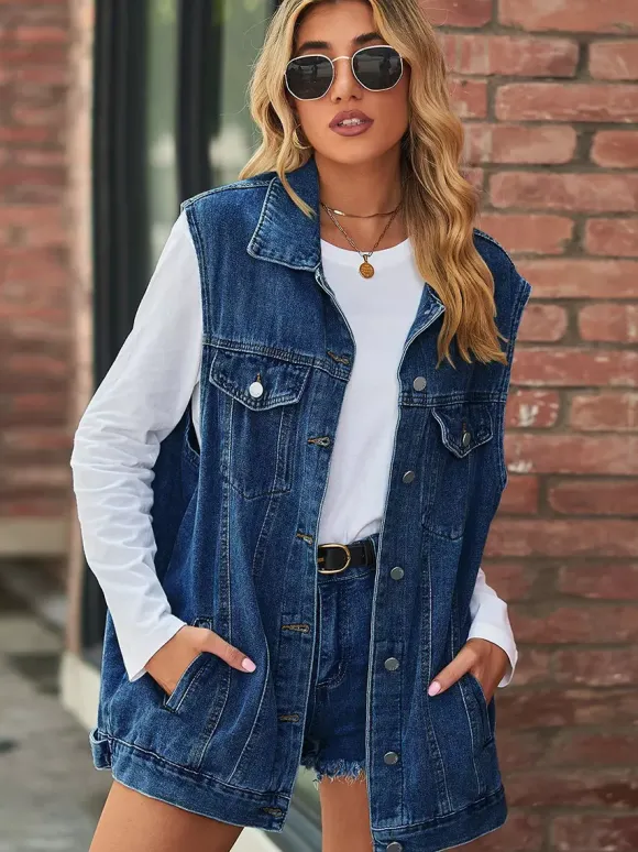 Gilet en jean oversize pour femme - Veste longue sans manches en jean délavé style vintage - Collection streetwear chic printemps-été 2026