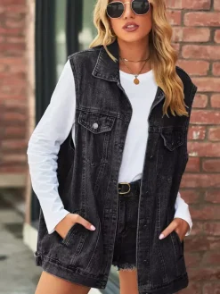 Gilet en jean oversize pour femme - Veste longue sans manches en jean délavé style vintage - Collection streetwear chic printemps-été 2026
