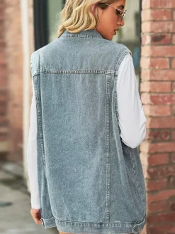 Gilet en jean oversize pour femme - Veste longue sans manches en jean délavé style vintage - Collection streetwear chic printemps-été 2026