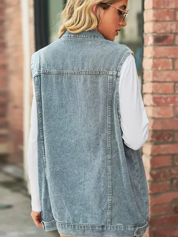 Gilet en jean oversize pour femme - Veste longue sans manches en jean délavé style vintage - Collection streetwear chic printemps-été 2026