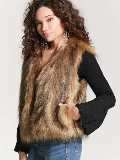 Gilet Manteaux En Fausse Fourrure Café Marron Sans Manches Veste Hiver
