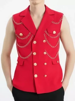 Gilet Pour Hommes Veste Hip Hop Noir À Chaîne Double Boutonnage Poche Élégant