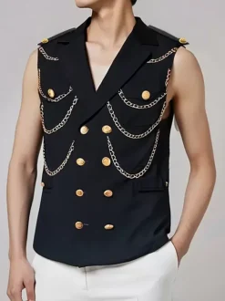 Gilet Pour Hommes Veste Hip Hop Noir À Chaîne Double Boutonnage Poche Élégant