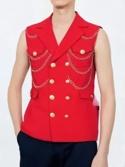 Gilet Pour Hommes Veste Hip Hop Noir À Chaîne Double Boutonnage Poche Élégant