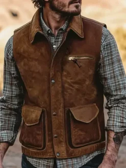 Gilet de moto vintage décontracté pour homme multipoches avec col à revers