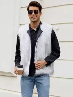 Gilet En Fausse Fourrure Blanc Hiver Chaud Hommes Sans Manches