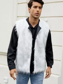 Gilet En Fausse Fourrure Blanc Hiver Chaud Hommes Sans Manches