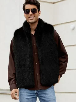 Gilet En Fausse Fourrure Noir Hiver Chaud Hommes Sans Manches