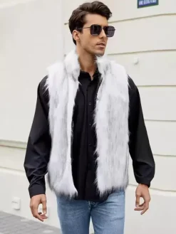 Gilet En Fausse Fourrure Noir Hiver Chaud Hommes Sans Manches