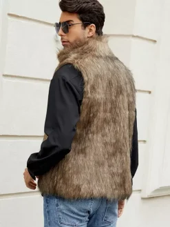 Gilet En Fausse Fourrure Noir Hiver Chaud Hommes Sans Manches