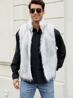 Gilet En Fausse Fourrure Noir Hiver Chaud Hommes Sans Manches