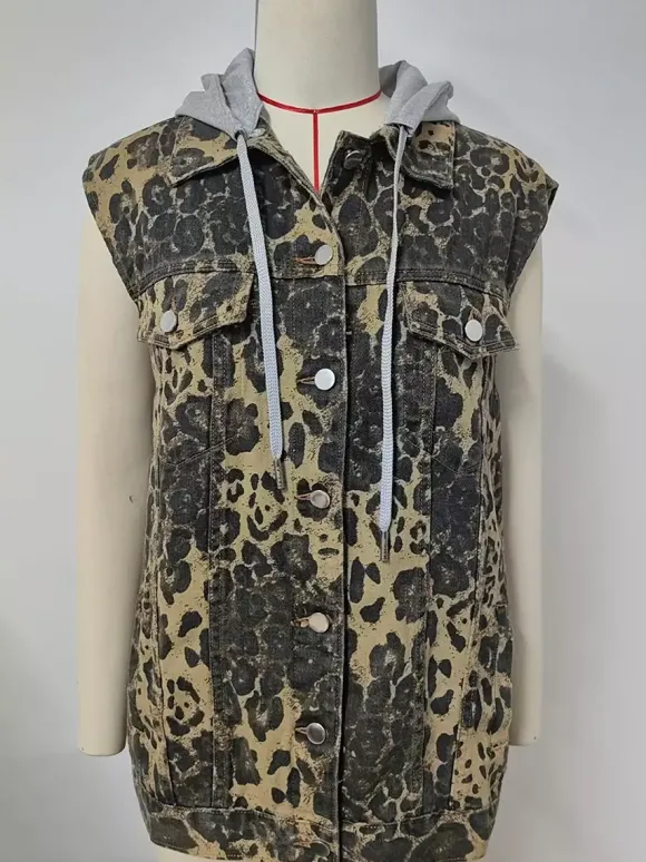 Gilet en jean à capuche pour femme - Veste longue oversize sans manches en jean délavé - Collection printemps-été streetwear 2026