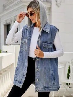 Gilet en jean à capuche pour femme - Veste longue oversize sans manches en jean délavé - Collection printemps-été streetwear 2026