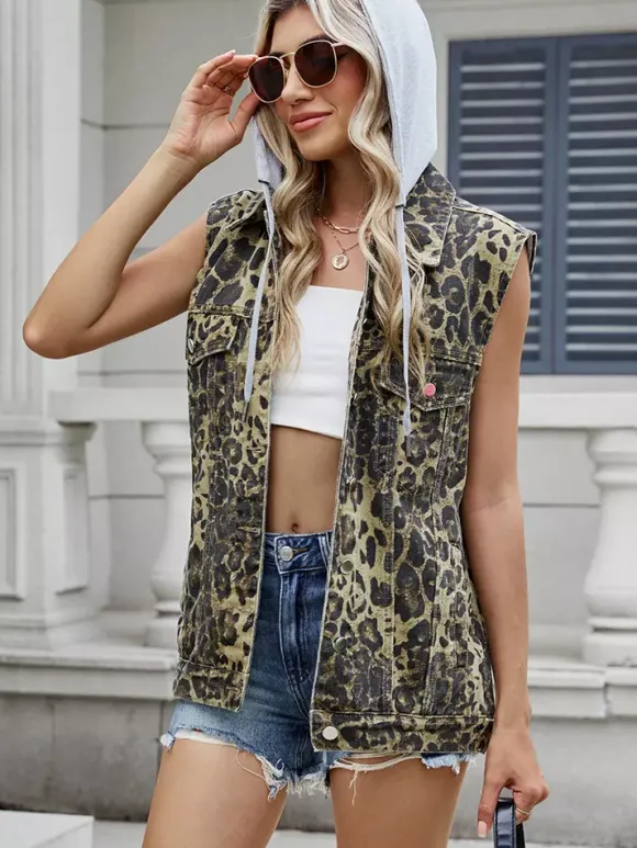 Gilet en jean à capuche pour femme - Veste longue oversize sans manches en jean délavé - Collection printemps-été streetwear 2026