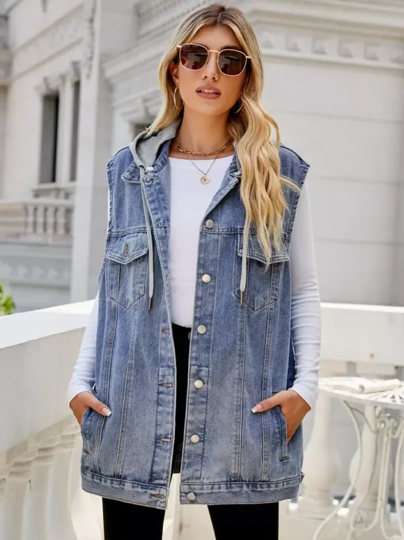 Gilet en jean à capuche pour femme - Veste longue oversize sans manches en jean délavé - Collection printemps-été streetwear 2026