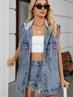 Gilet en jean à capuche pour femme - Veste longue oversize sans manches en jean délavé - Collection printemps-été streetwear 2026