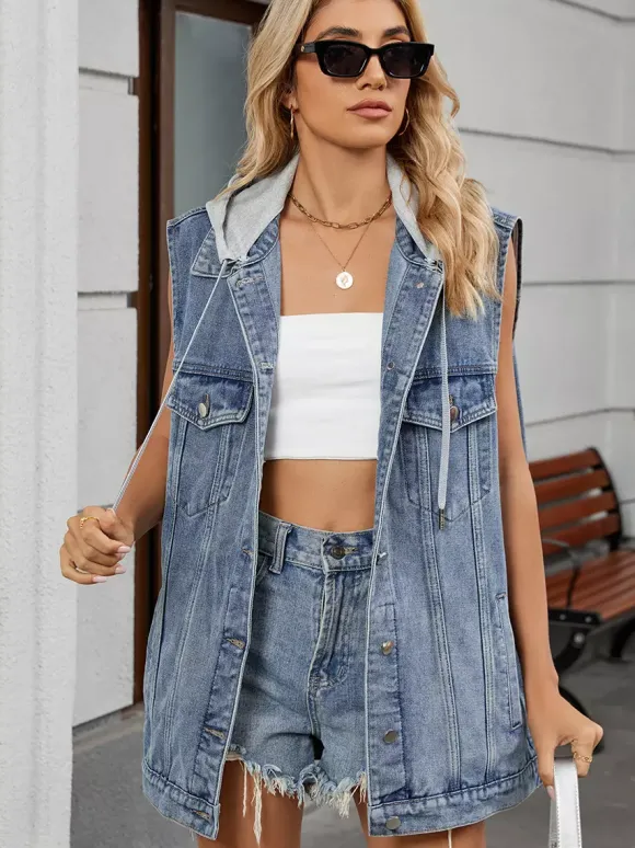 Gilet en jean à capuche pour femme - Veste longue oversize sans manches en jean délavé - Collection printemps-été streetwear 2026