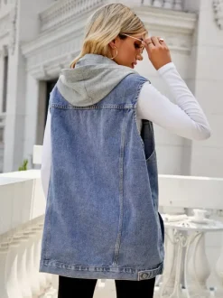 Gilet en jean à capuche pour femme - Veste longue oversize sans manches en jean délavé - Collection printemps-été streetwear 2026