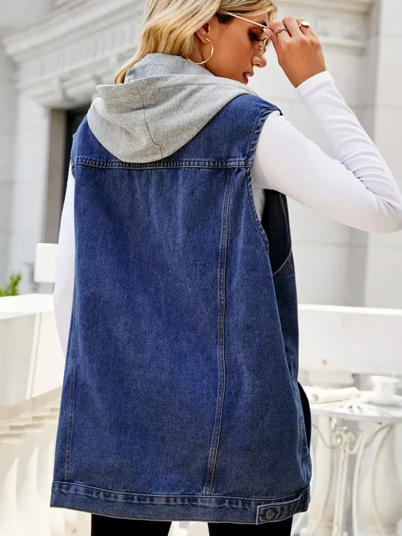 Gilet en jean à capuche pour femme - Veste longue oversize sans manches en jean délavé - Collection printemps-été streetwear 2026