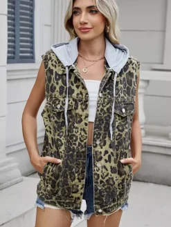 Gilet en jean à capuche pour femme - Veste longue oversize sans manches en jean délavé - Collection printemps-été streetwear 2026