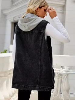 Gilet en jean à capuche pour femme - Veste longue oversize sans manches en jean délavé - Collection printemps-été streetwear 2026