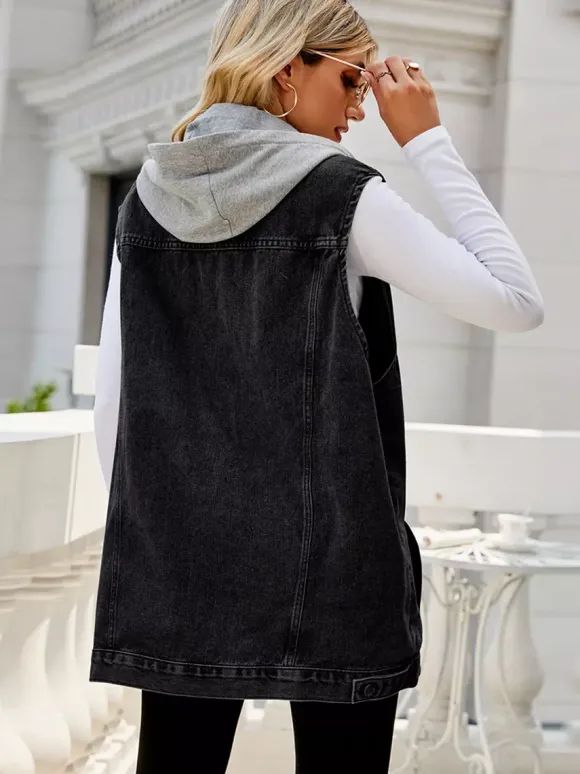 Gilet en jean à capuche pour femme - Veste longue oversize sans manches en jean délavé - Collection printemps-été streetwear 2026