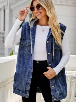 Gilet en jean à capuche pour femme - Veste longue oversize sans manches en jean délavé - Collection printemps-été streetwear 2026