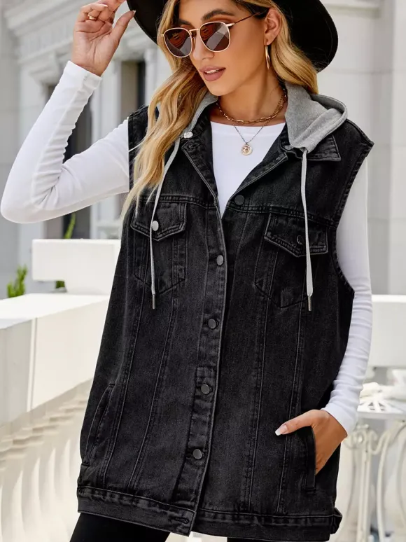 Gilet en jean à capuche pour femme - Veste longue oversize sans manches en jean délavé - Collection printemps-été streetwear 2026