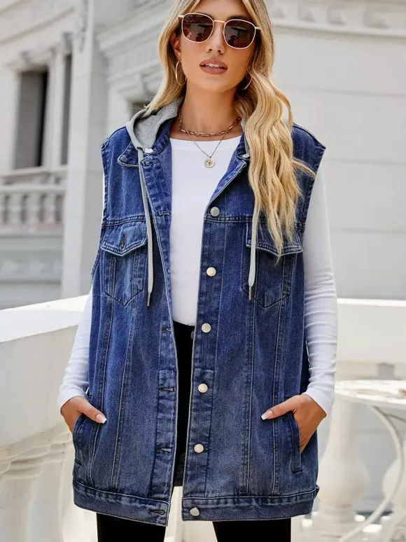 Gilet en jean à capuche pour femme - Veste longue oversize sans manches en jean délavé - Collection printemps-été streetwear 2026