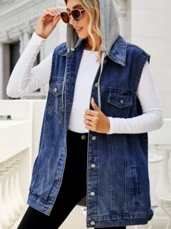 Gilet en jean à capuche pour femme - Veste longue oversize sans manches en jean délavé - Collection printemps-été streetwear 2026