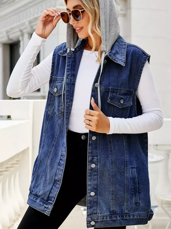 Gilet en jean à capuche pour femme - Veste longue oversize sans manches en jean délavé - Collection printemps-été streetwear 2026