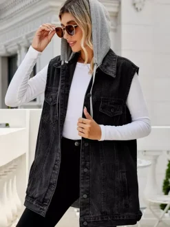 Gilet en jean à capuche pour femme - Veste longue oversize sans manches en jean délavé - Collection printemps-été streetwear 2026