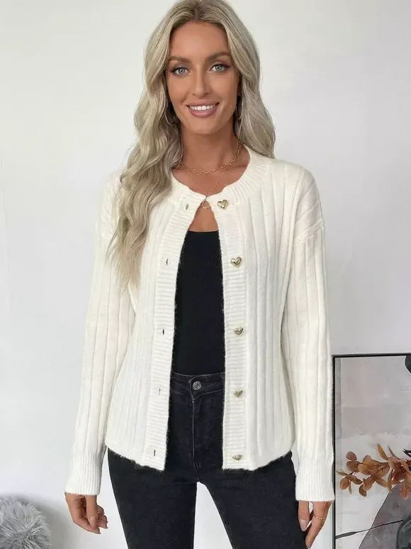 Gilet en maille côtelée à boutons en forme de c艙ur col rond manches longues collection femme 2026