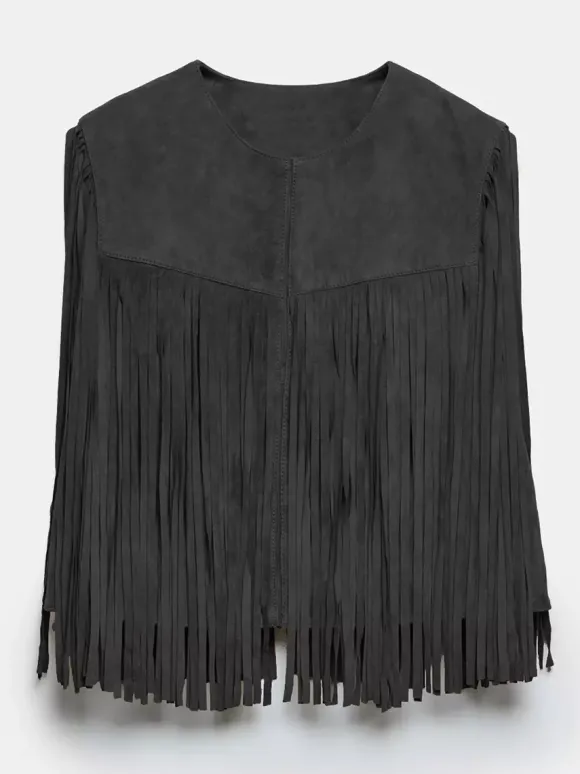 Gilet à franges Western Cowgirl col ras du cou veste bohème printemps daim pour femme 2026
