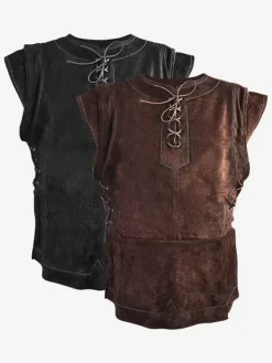 Gilet noir vintage à lacets et manches longues en polyester pour homme