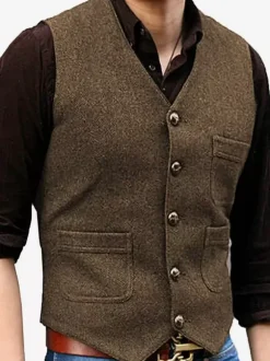 Gilets habillés pour hommes Mariage Confortable Col en V Boutons Café Marron