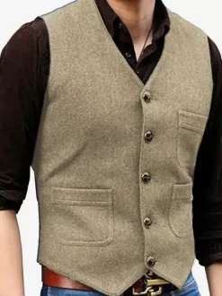 Gilets habillés pour hommes Mariage Confortable Col en V Boutons Café Marron