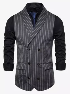 Gilets Habillés Hommes Business Confortable Col Rabattu Bouton Gris Foncé Rayure