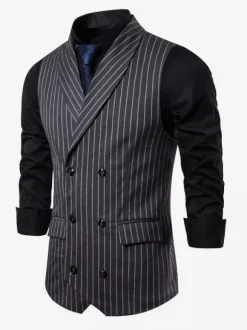 Gilets Habillés Hommes Business Confortable Col Rabattu Bouton Gris Foncé Rayure