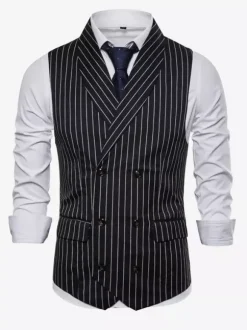 Gilets Habillés Hommes Business Confortable Col Rabattu Bouton Gris Foncé Rayure