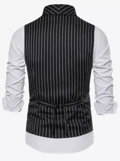 Gilets Habillés Hommes Business Confortable Col Rabattu Bouton Gris Foncé Rayure