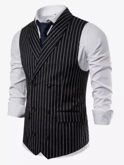 Gilets Habillés Hommes Business Confortable Col Rabattu Bouton Gris Foncé Rayure