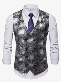 Gilets Habillés Hommes Mariage Confortable Col En V Boutons Argent Imprimé