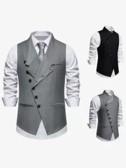 Gilets Habillés Hommes Soirée Cérémonie Formelle Col Rabattu Boutons Gris