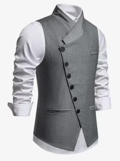 Gilets Habillés Hommes Soirée Cérémonie Formelle Col Rabattu Boutons Gris