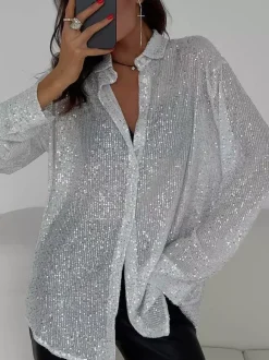Gilets tendance pour les soirées col rabattu sequins manches longues en polyester