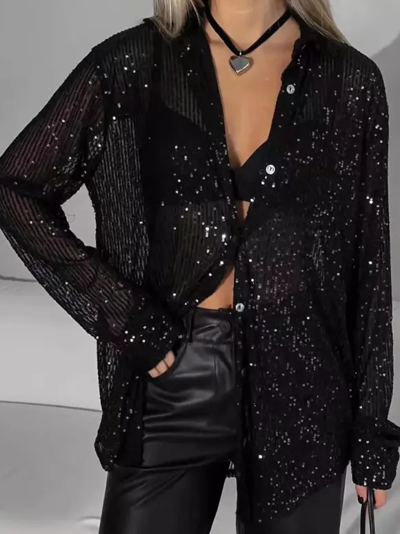 Gilets tendance pour les soirées col rabattu sequins manches longues en polyester