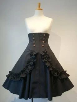 Gothic Lolita SK Frill Button Plissé Lace Up Jupe Lolita noire Déguisements Halloween
