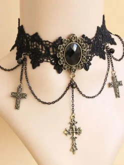 Gothique Lolita Choker Croix Chaîne Dentelle Noir Lolita Collier Déguisements Halloween