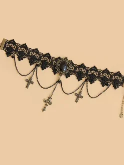 Gothique Lolita Choker Croix Chaîne Dentelle Noir Lolita Collier Déguisements Halloween